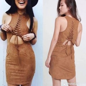 Western Suede Lace Up Corset Mini Dress XS Terracotta Brown - Angel Biba